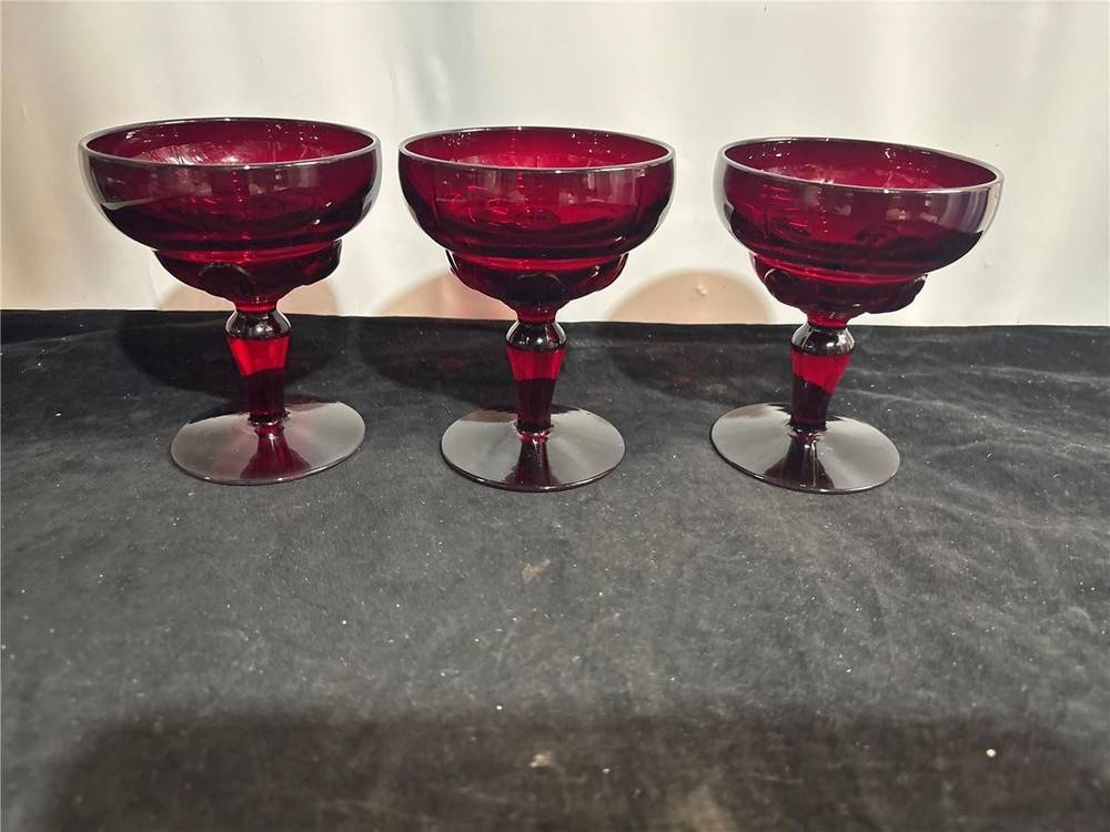 3 New Martinsville Moondrops Ruby Stem Champagne Tall Sherbets
