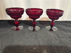 3 New Martinsville Moondrops Ruby Stem Champagne Tall Sherbets