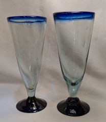 Handblown Blue Rim Large Mexico Pilsner Beer Glasses, Set of 2
