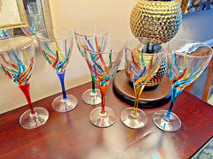 MURANO Wine Glasses Rainbow Swirl Pattern 8-1/8” Tall, Set of 6 CC ZECC 10 oz ea