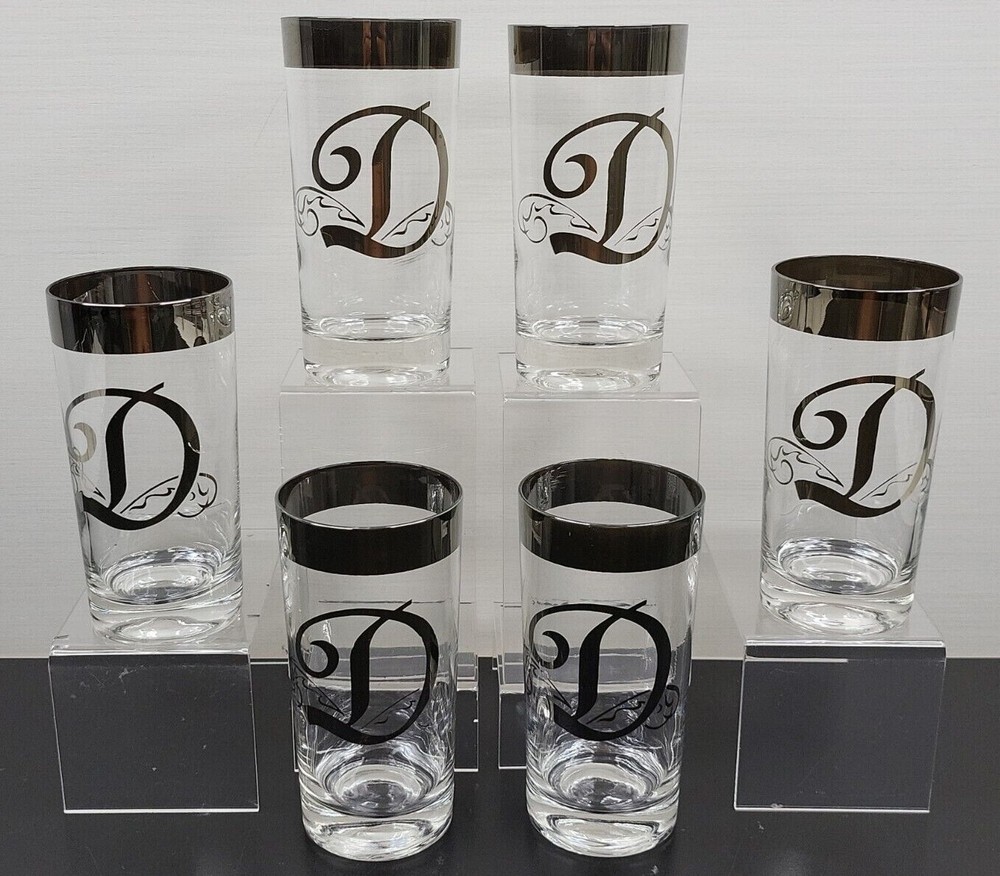 6 Glastonbury Monogram Platinum D Highball Glasses Set Silver Band Thorpe Style
