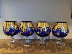 Interglass Italy Set 4 Blue crystal Cognac brandy snifters DOF With Gold Trim