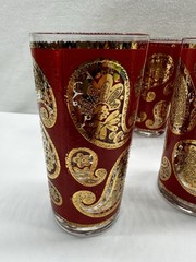 Vtg Set of 6 MCM Culver Red & 22k Gold Paisley Highball Glasses Tumbler Cocktail