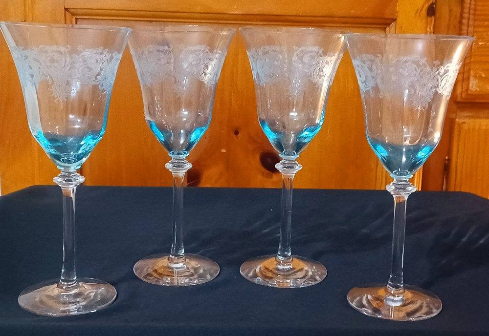 4 Vintage 1930s Fostoria VERSAILLES BLUE AZURE Etched Water Goblet Glasses 8.25″