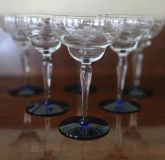 Tall Champagne Coupe Floral Etched Martini Glasses-Cobalt Blue Base-Set Of 6