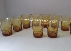 9 VTG Libbey Amber Yellow 3 3/4″ Tall Swirl Ringed Bottom Glasses New Unboxed