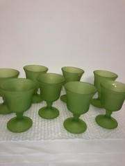 Vintage Frosted Glass Goblets Green Grape Pattern Set 8 No chips