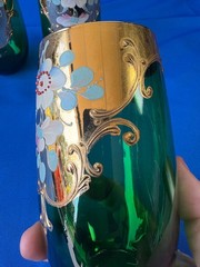 5 Bohemian 24K Gold Emerald Green 5″ Tumblers Hand Painted Raised Enamel Flowers