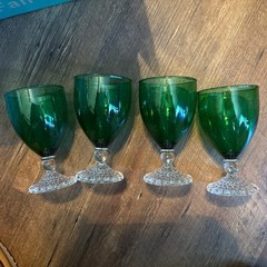 Set Of Four 4-1/2” T Bubble Foot Clear Stem. Emerald Green Glasses