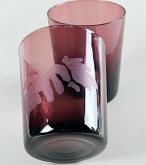Vintage Amethyst Glass Tumblers Hand Etched Botanical Leaf Pattern Set Of 2