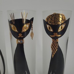 READ (4) Libbey Maida Armour Parisian Black Siamese Cats Frosted High Ball Glass