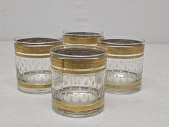 SET (4) Mid Century Culver Gold Bands Etched Water Drops Rock Glass 3 1/4″ MCM