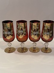 Bohemian Gold & Cranberry Red Flash Hand Painted Water Wine Goblets Set Of 4