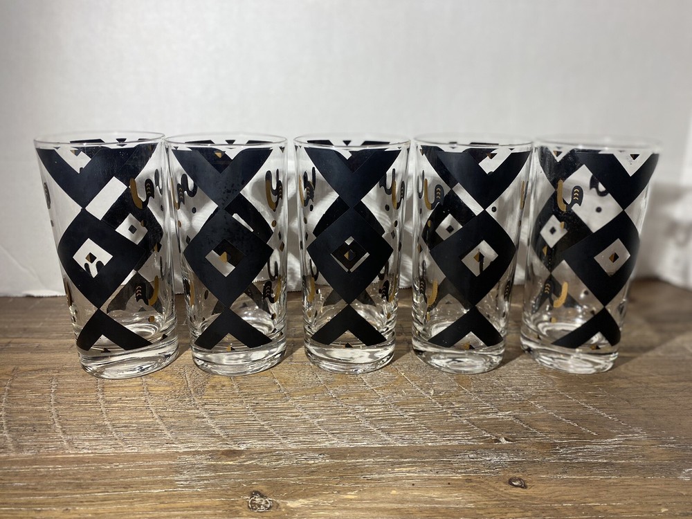 5 Fred Press Highball Glasses Tumblers MCM Black Gold Diamond Geometric