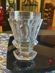 Antique Pair 4” Bohemian Czech Hexagonal Glass Goblets w/Gilded Grape & Vine