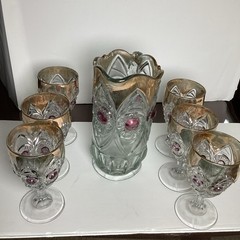 Vintage EAPG Bulls Eye & Daisy Pitcher, 6 Goblets W/ Amethyst Stain US Glass Co