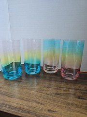 Set of 4 Ombre Art Glass Highball Tumblers Blue Pink Yellow Hand Blown Style