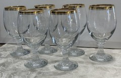 Vintage Valencia Set Of 6 Wine Glasses, Hand Decorated 24K Gold Rim 10 Oz
