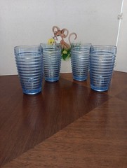 4 Anchor Hocking PARK AVENUE Denim Blue Ribbed Heavy 16 Oz Glass Tumblers 6”