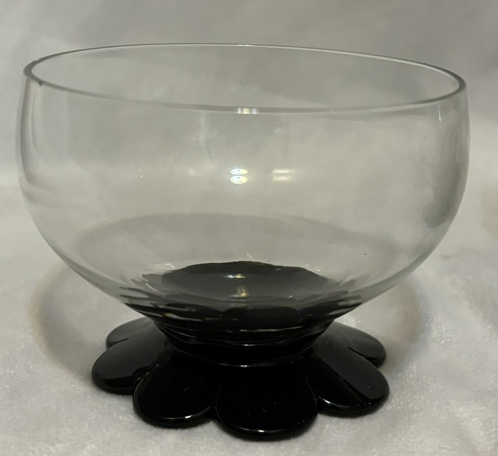 HC Fry Set Of 6 Art Glass Footed Black Petal Sherbets 3”H 3.25”D
