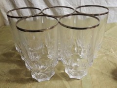 Vintage Set of 5 Bar Glass Tumblers w Silver Rims & Dimples NICE