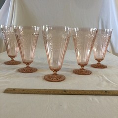 Pink depression glass Mayfair Open Rose Footed Iced Tea Goblets Tumbler Set of 5
