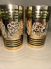 Mid-Century Drinking Glasses Green & gold gilt, Set 6 made in Korea