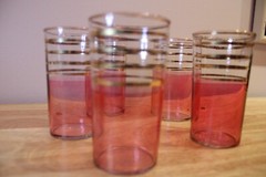 vintage pink and gold striped drinking highball bar glasses S/5 GUC