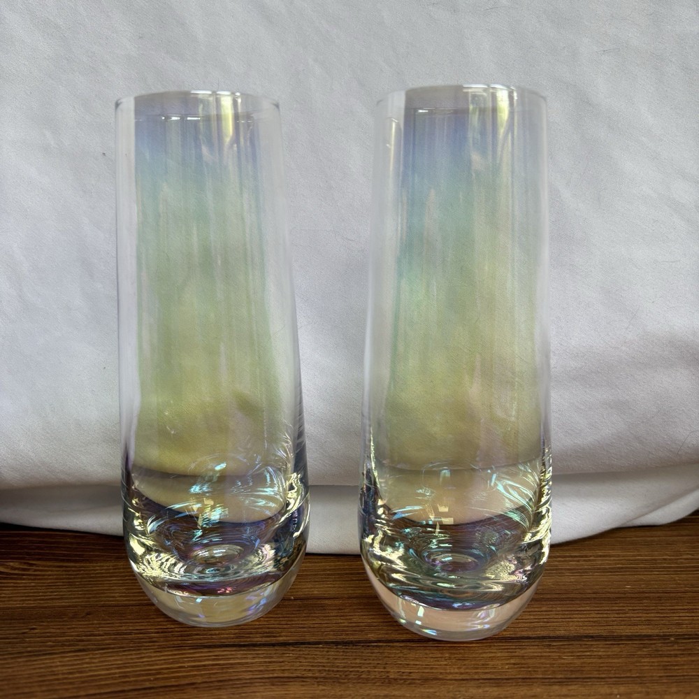 Pair Iridescent Stemless Champagne Flutes Rainbow Luster Toasting Glasses