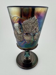 Vintage LG Wright Fenton Cobalt Strawberry And Currant Carnival Glass Goblet