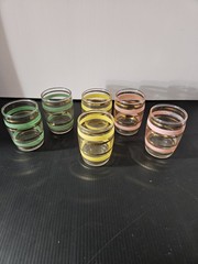 6 Vintage Striped Juice Glasses.Yellow Pink Green Gold