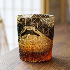 Edo Kiriko Engraving Drinking Glass 9Ounces Amber Black Colored Whisky Glass