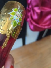 Venetian Murano Ruby Glass champagne W/ Gold Hand painted Floral Goblet Glass