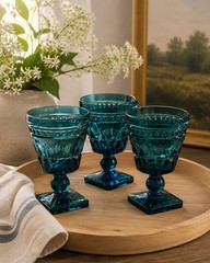 Vintage Indiana Glass Colony Park Lane Teal Blue Wine Goblets Set of 3 MCM
