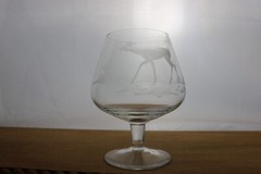 4 Brandy Glasses Etched Wild Life Deer Stag Doe Birds Pheasant Grey Cut Crystal