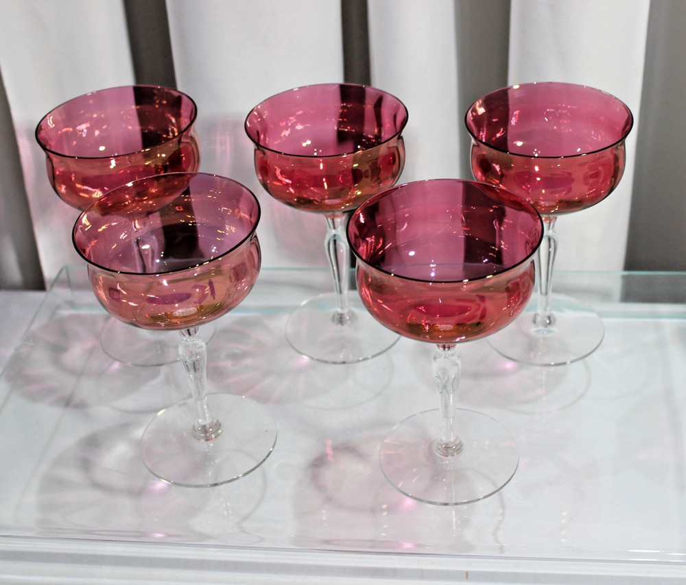 1950s Red Luster Cranberry Optic Wine Glasses West Virginia Glass 5 Total