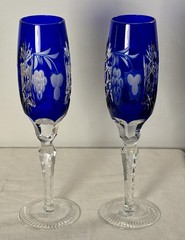 2 Vintage Nachtmann Bamberg Blue Cut to Clear Champagne Flutes Heavy 9”