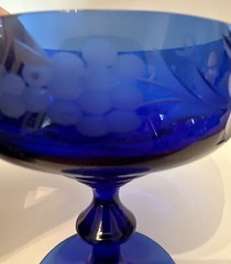 Cobalt Blue Glass Sherbet Sorbet Dessert or Cocktail Etched Grapes 4.5” Leaves