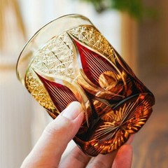 Hand Carved Edo Kiriko Drinking Glass 9 Ounces Amber Red Whiskey Glasses Gifts