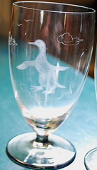 Vtg RUSSIA Set 3 HAND ETCHED Wine Glasses Luster Smoke Foot CIRCUS BEARS/DUCK