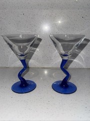 Vintage Libbey Courbe Cobalt Blue Z Stem Martini Glasses Wavy Squiggle Set of 2