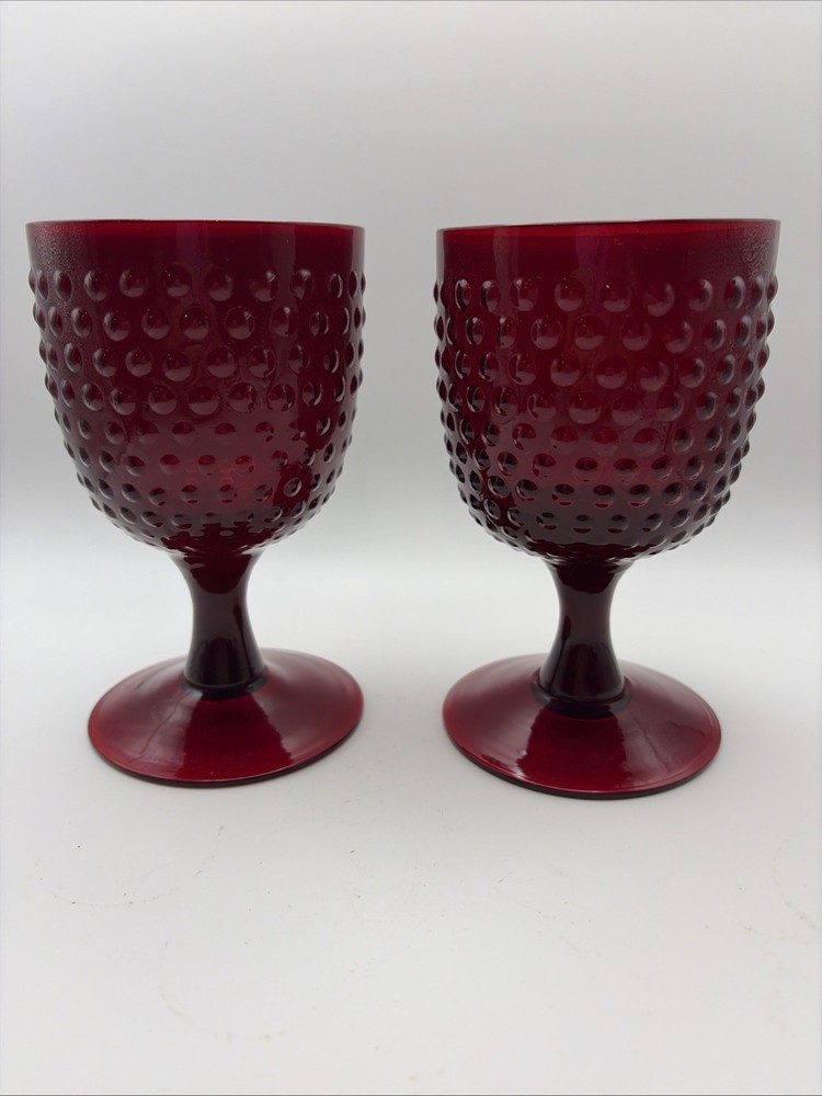 Vintage Ruby Red Hobnail Glass Goblets Set of 2 Pedestal Wine Water Glasses