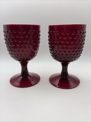 Vintage Ruby Red Hobnail Glass Goblets Set of 2 Pedestal Wine Water Glasses