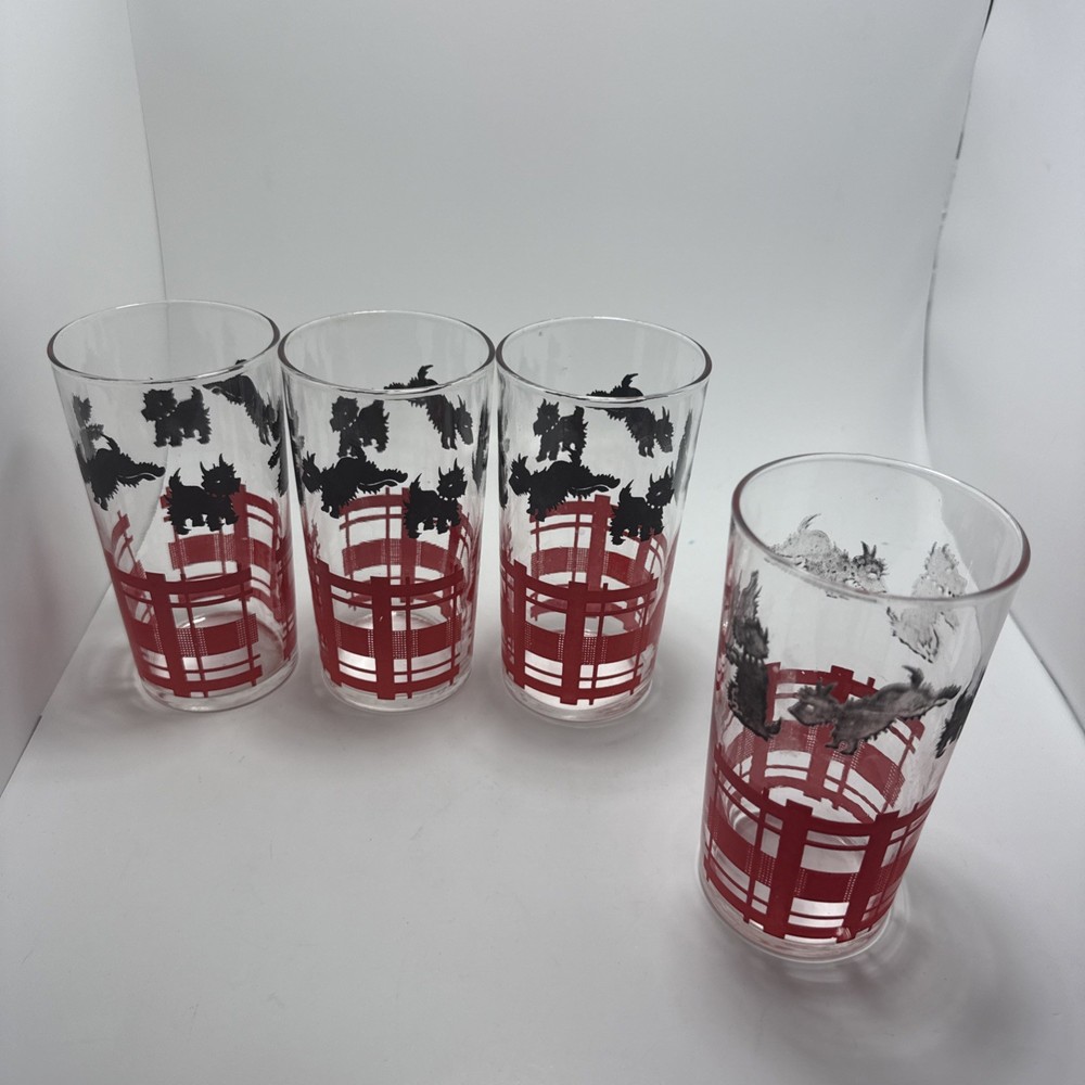 4 Vtg Federal Scotty Dog Terrier Tumblers Bar Ware Black/Red & 6 mini tumblers