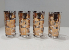 Culver 22K Gold High Ball Barware Glasses (Set 4) Knights Horse Signed MCM Vtg