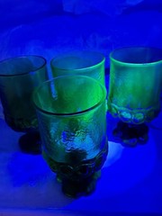 4 Tiffin Franciscan Madeira Olive Green Footed Uranium Glass Goblets 5.5 In