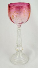 Antique Bohemian Wine Glass, Cranberry w/ Grape Detail & Prunt Stem – 7.5 inches