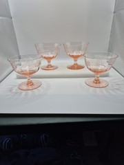 Pink Depression Floral Etched Optic Bowl Champagne Sherbet Glasses Stemware Set4