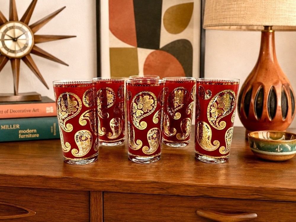 Vtg Set of 6 MCM Culver Red & 22k Gold Paisley Highball Glasses Tumbler Cocktail
