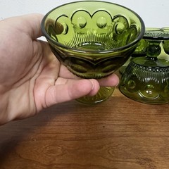 Vintage Bartlett-collins Bullseye Cane Avacado Green Glass Low Sherbet 6 Pc Set
